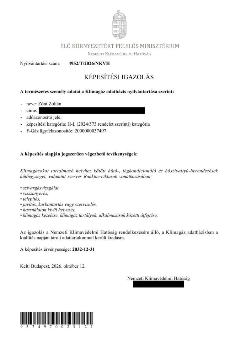 F-gáz képesítési igazolás (H-I. kategória) – Nemzeti Klímavédelmi Hatóság, nyilvántartási szám: 4952/T/2026/NKVH