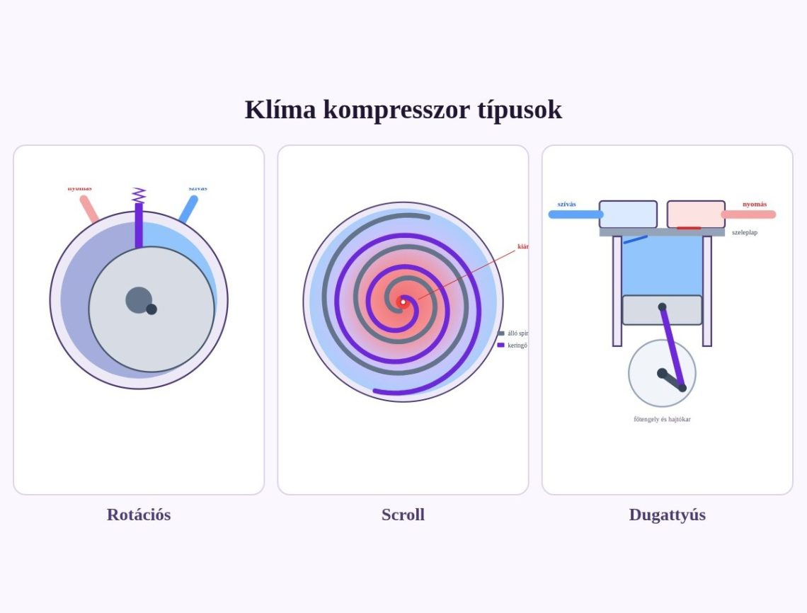 Klíma kompresszor típusok: rotációs, scroll és dugattyús kompresszor metszete